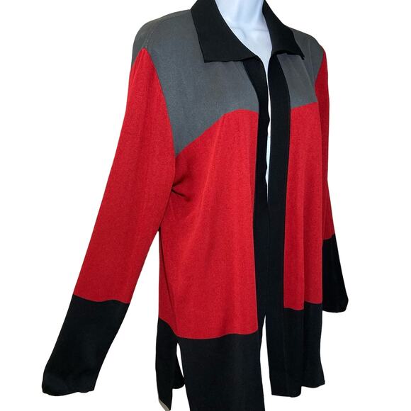 Exclusively Misook Medium Cardigan Jacket Red Gray Black Colorblock Open Front - Picture 11 of 16